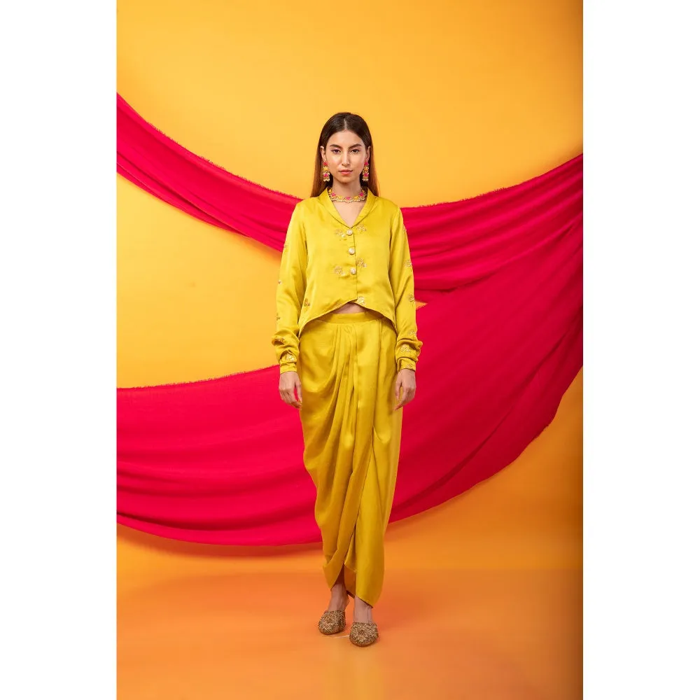 MONK & MEI Gulabo Canary Yellow Dhoti And Jacket Co-Ord (Set of 2)