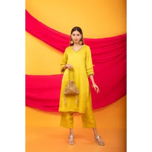 MONK & MEI Gulnaar Lahori Canary Yellow Kurta And Pant (Set of 2)