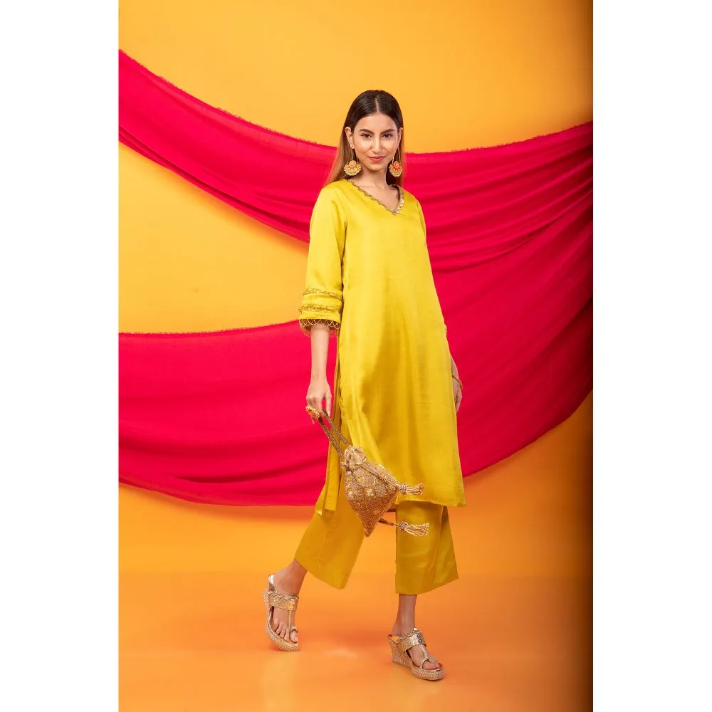 MONK & MEI Gulnaar Lahori Canary Yellow Kurta And Pant (Set of 2)