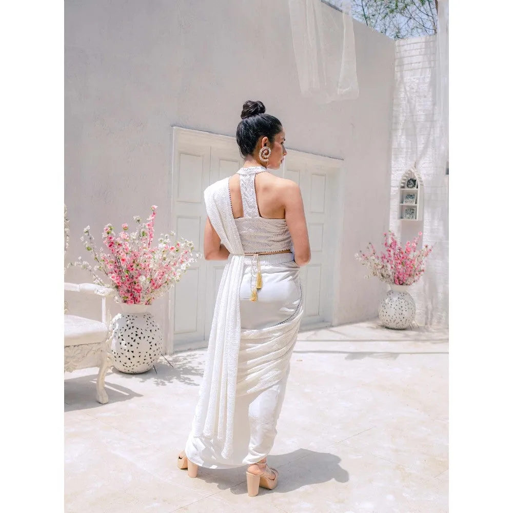MONK & MEI Karishma Chikankari Dhoti Saree with Stitched Blouse- White (Set of 2)