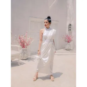 MONK & MEI Karishma Chikankari Dhoti Saree with Stitched Blouse- White (Set of 2)