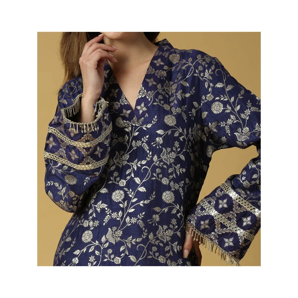 MONK & MEI Kavya-Pakistani Kurta With Gold Pant-Deep Blue (Set of 2)