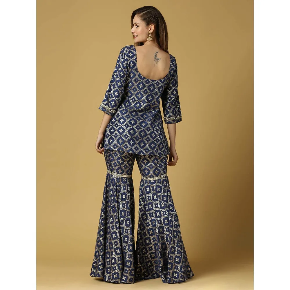 MONK & MEI Kaynat-Brocade Kurta Sharara- Deep Blue (Set of 3)
