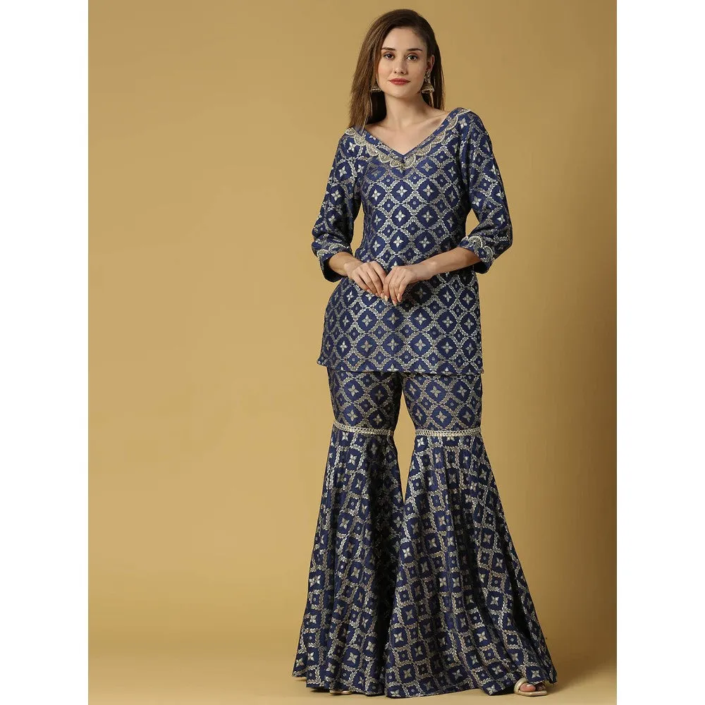 MONK & MEI Kaynat-Brocade Kurta Sharara- Deep Blue (Set of 3)