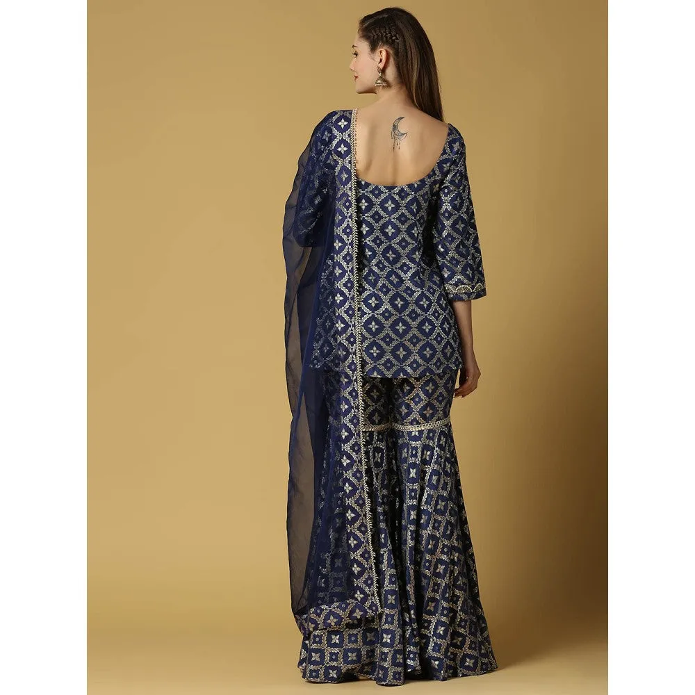 MONK & MEI Kaynat-Brocade Kurta Sharara- Deep Blue (Set of 3)
