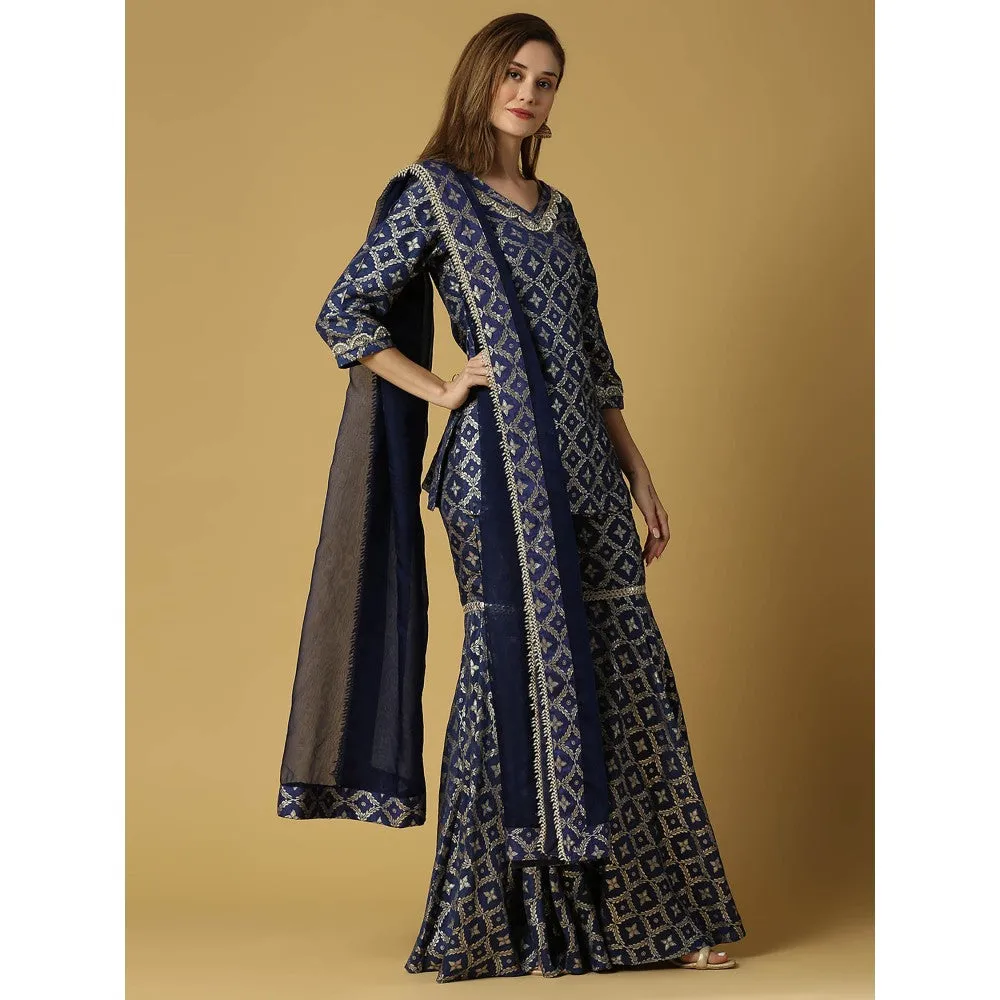 MONK & MEI Kaynat-Brocade Kurta Sharara- Deep Blue (Set of 3)