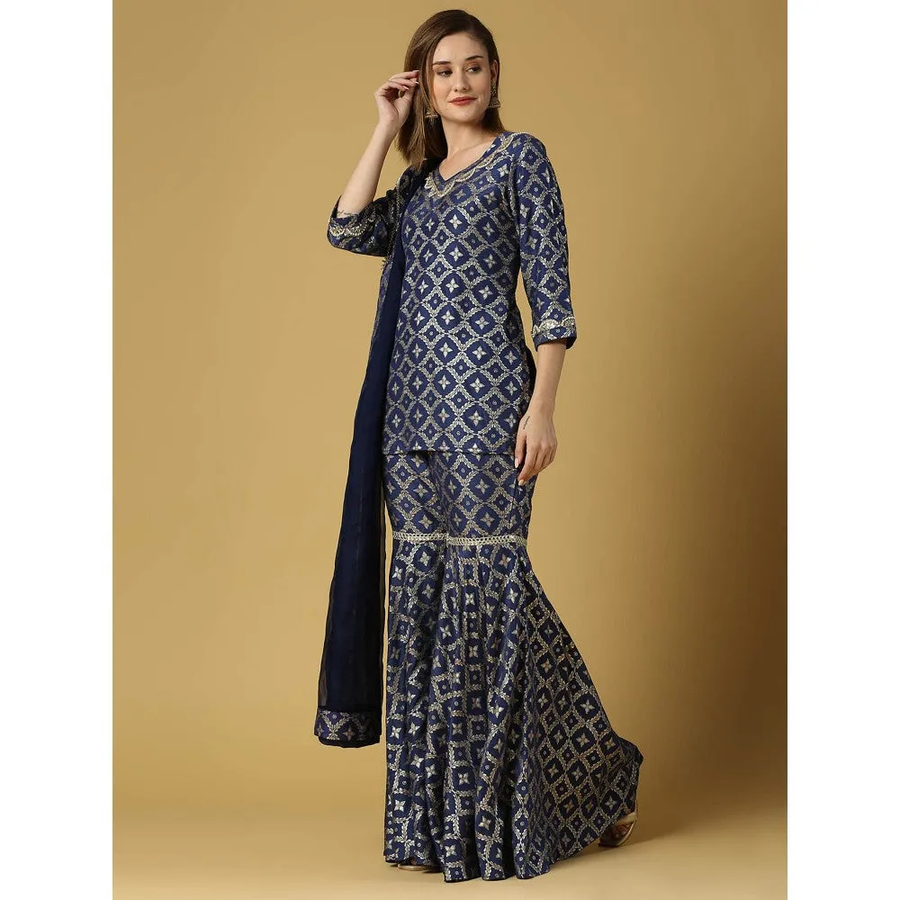 MONK & MEI Kaynat-Brocade Kurta Sharara- Deep Blue (Set of 3)