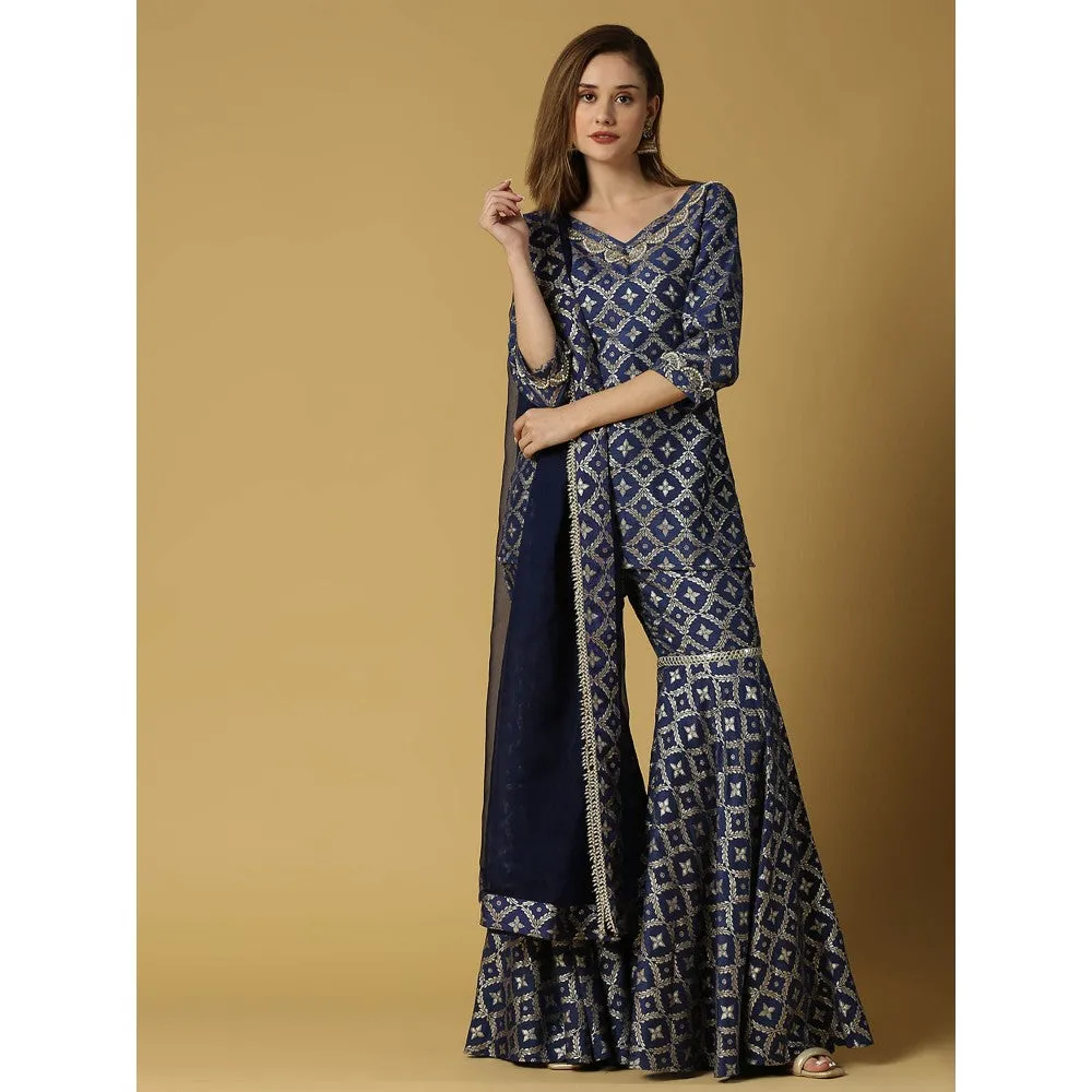 MONK & MEI Kaynat-Brocade Kurta Sharara- Deep Blue (Set of 3)