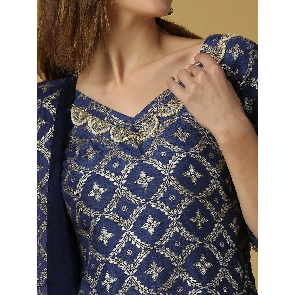 MONK & MEI Kaynat-Brocade Kurta Sharara- Deep Blue (Set of 3)
