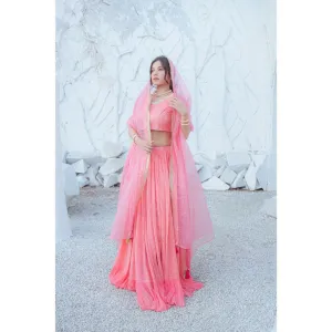 MONK & MEI Masoom Chikankari Lehenga Blouse Dupatta Peach Melon (Set of 3)