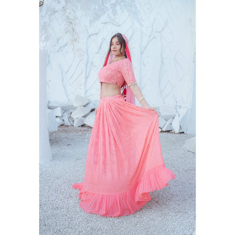 MONK & MEI Masoom Chikankari Lehenga Blouse Dupatta Peach Melon (Set of 3)