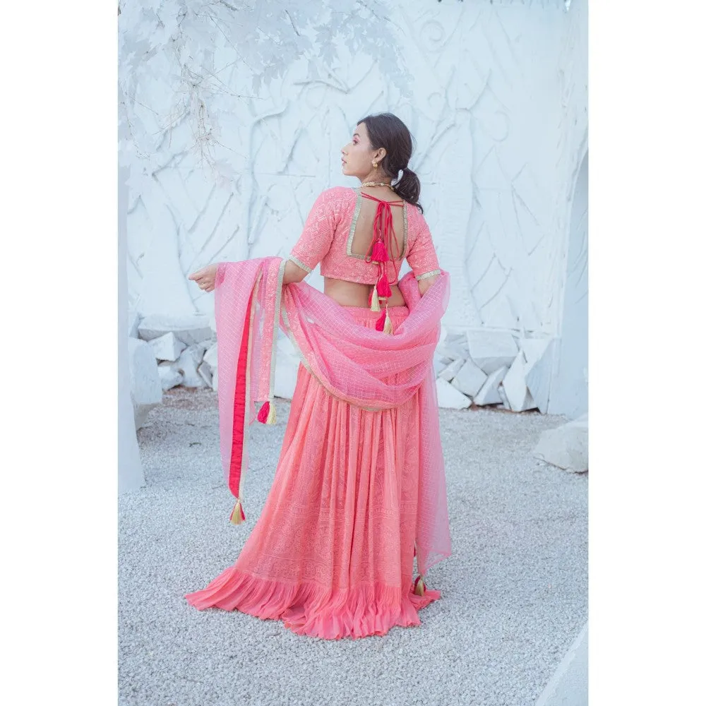 MONK & MEI Masoom Chikankari Lehenga Blouse Dupatta Peach Melon (Set of 3)