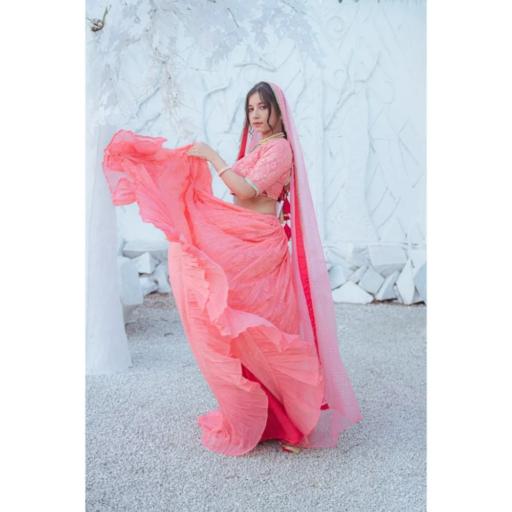 MONK & MEI Masoom Chikankari Lehenga Blouse Dupatta Peach Melon (Set of 3)