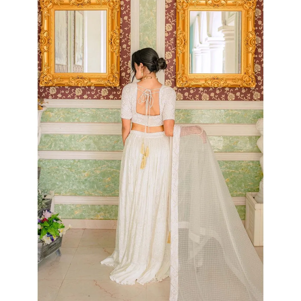 MONK & MEI Masoom Chikankari Lehenga with Stitched Blouse & Dupatta- White (Set of 3)