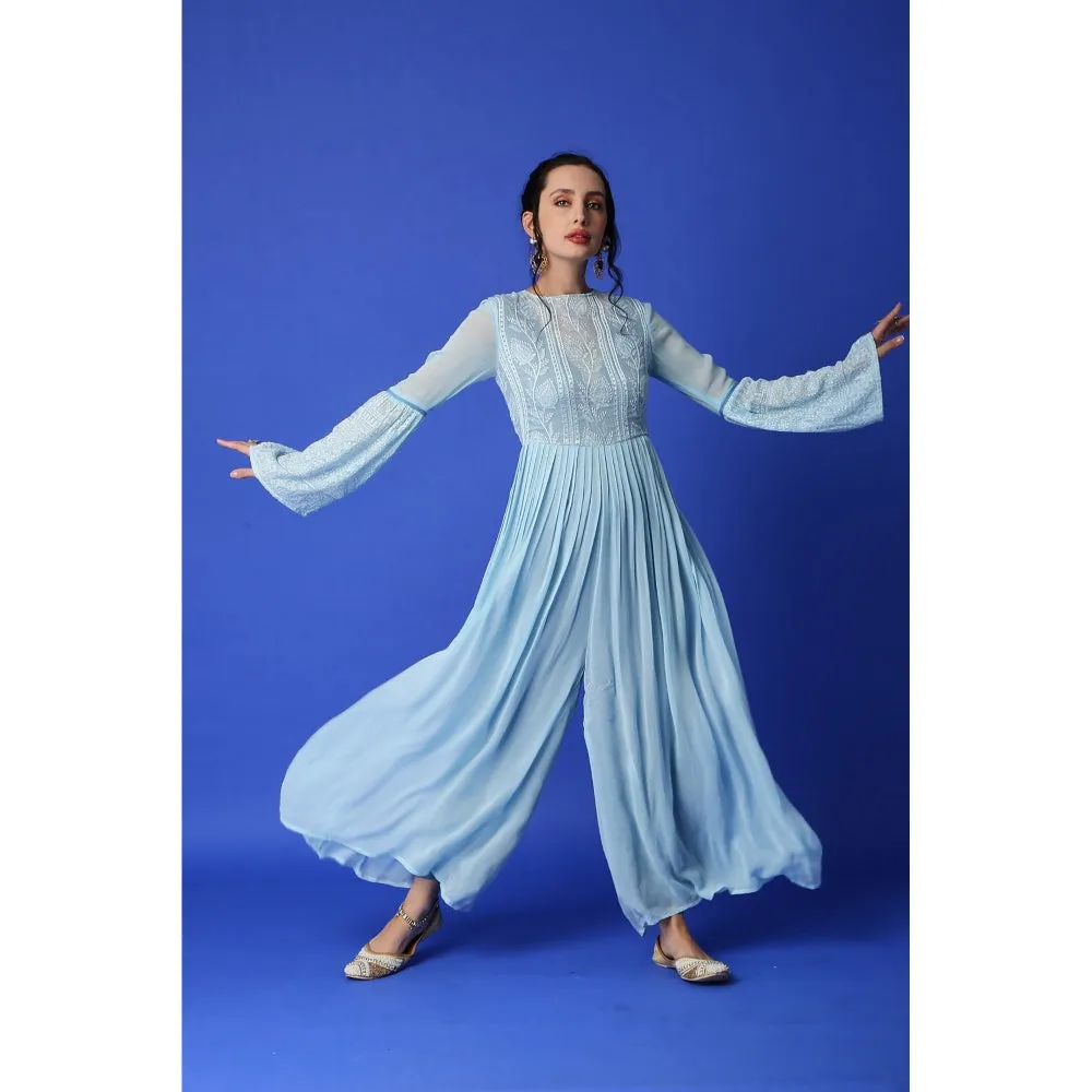 MONK & MEI Salma Chikankari Jumpsuit - Ice Blue