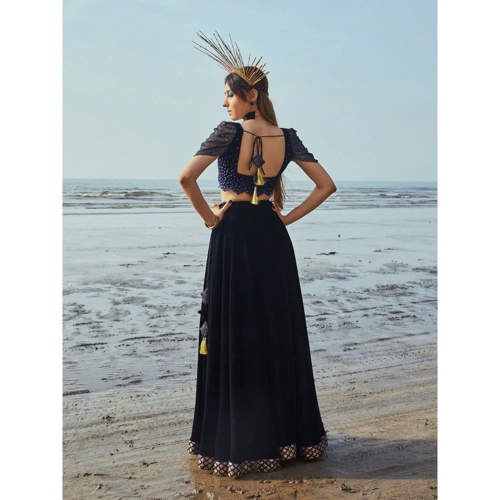 MONK & MEI Victoria Blouse, Lehenga and Dupatta- Blue