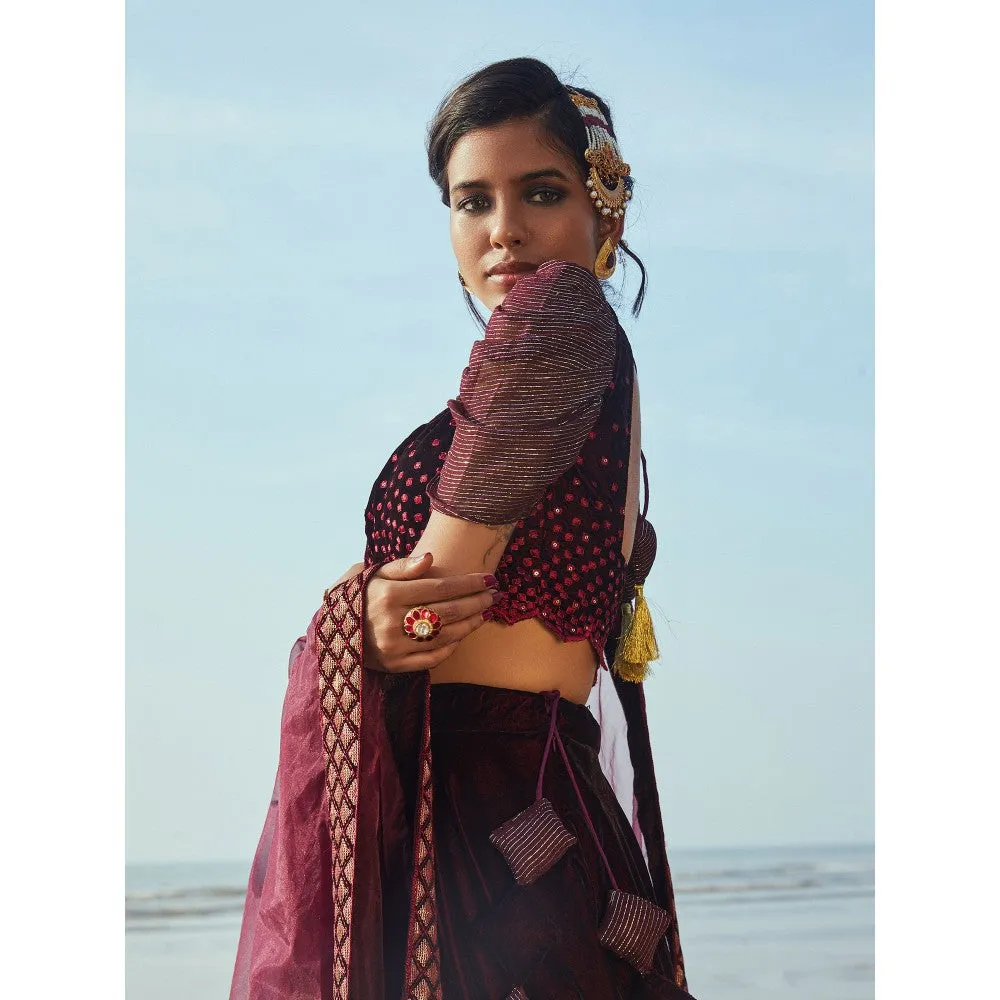 MONK & MEI Victoria Blouse, Lehenga and Dupatta- Wine