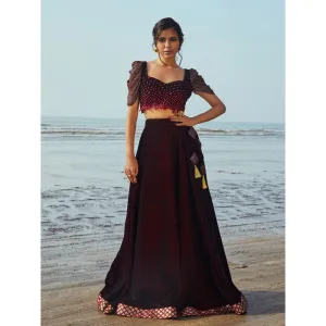 MONK & MEI Victoria Blouse, Lehenga and Dupatta- Wine