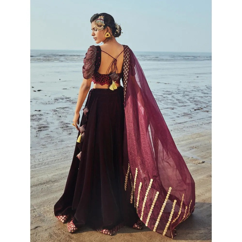 MONK & MEI Victoria Blouse, Lehenga and Dupatta- Wine