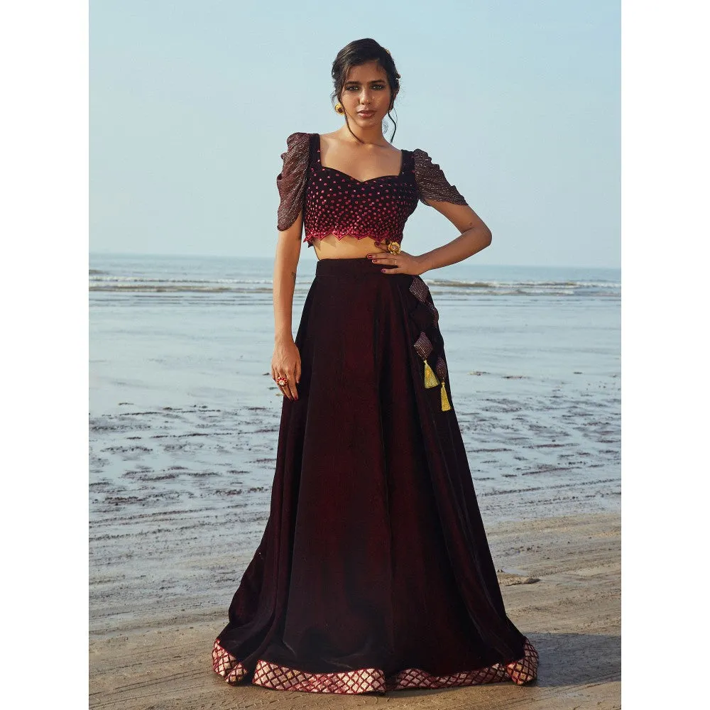 MONK & MEI Victoria Blouse, Lehenga and Dupatta- Wine