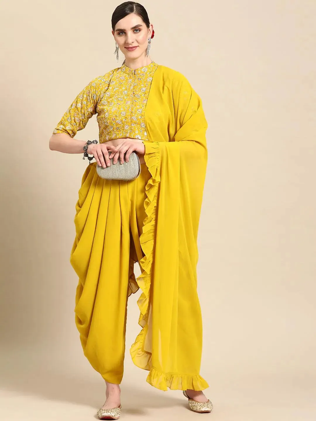 Mustard Embroidered Georgette Dhoti Saree