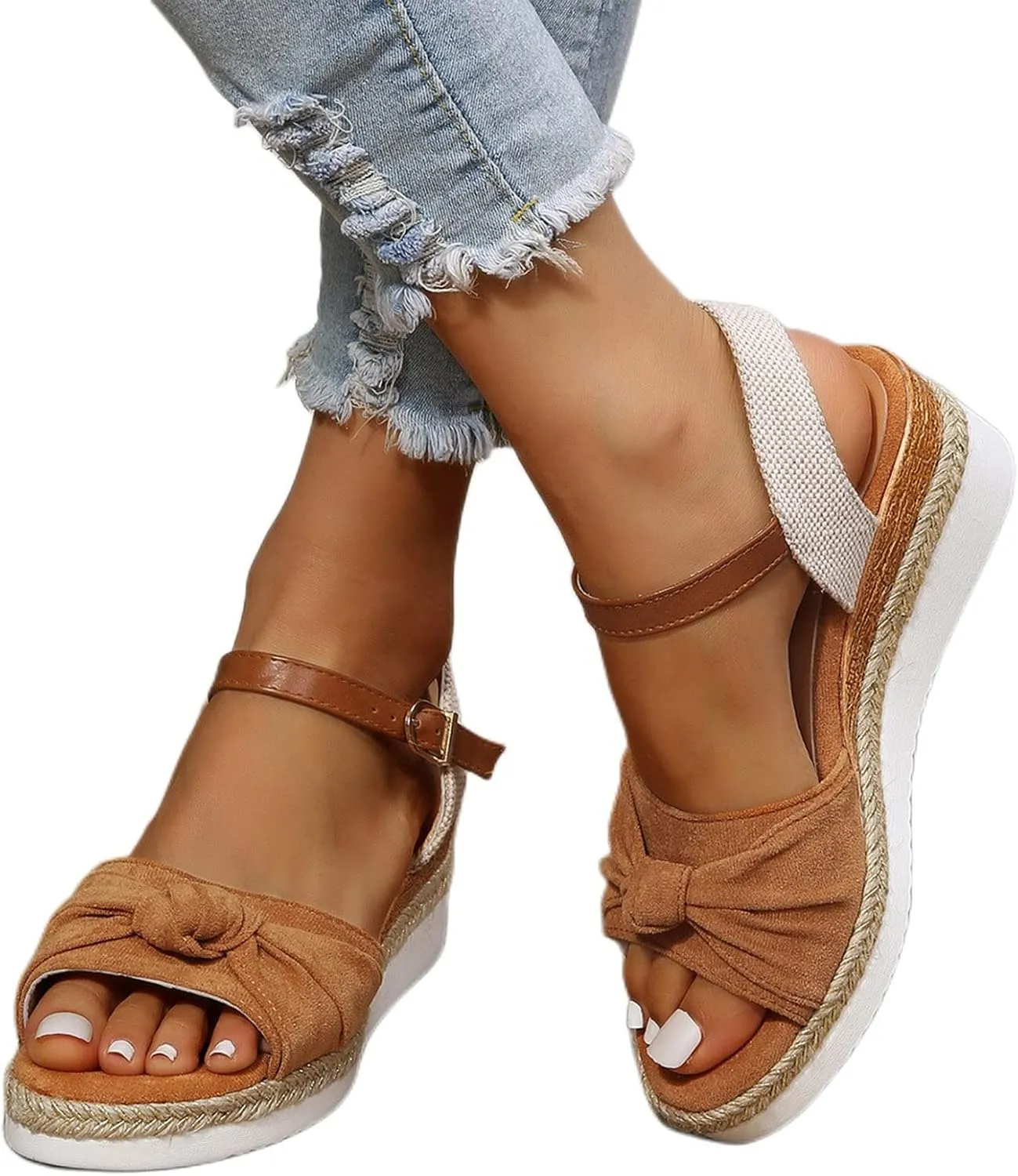 Orthopedic Platform Wedge Sandals for Women - Casual Summer Dressy 2025 Flat Tremdy Bow Tie Open Toe Ankle Strap Sandal Beach Boho Sandals Comfortable Outdoor Shoes