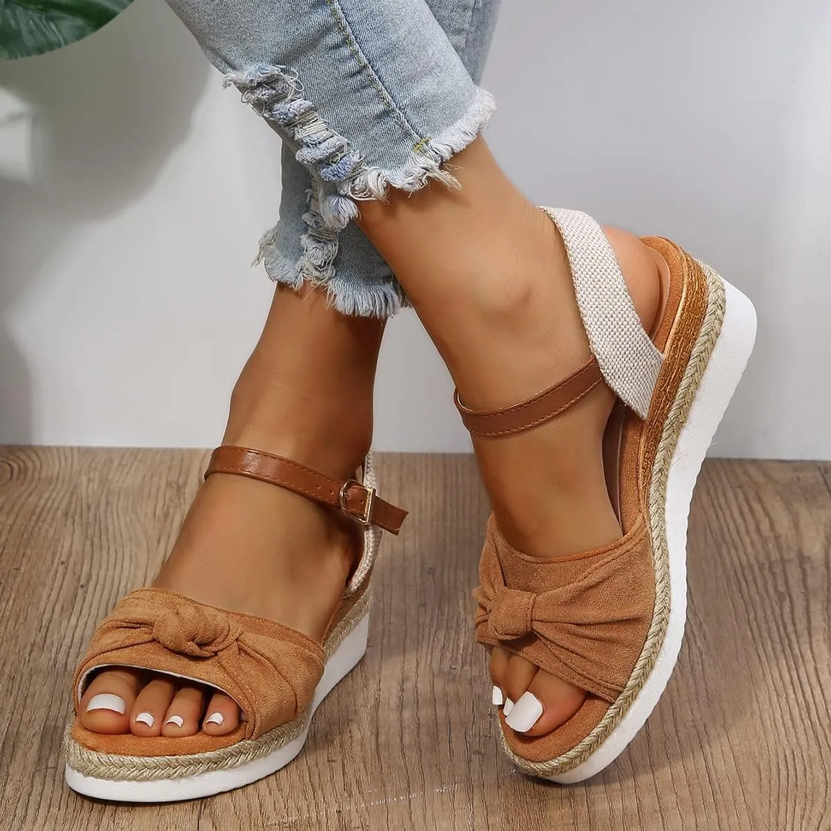 Orthopedic Platform Wedge Sandals for Women - Casual Summer Dressy 2025 Flat Tremdy Bow Tie Open Toe Ankle Strap Sandal Beach Boho Sandals Comfortable Outdoor Shoes