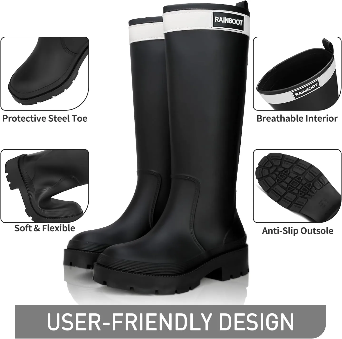 Rain Boots for Women, Waterproof Rubber Garden Boots Durable Slip Resistant Muck Boots,Tall Water Fishing Shoes Comfort Knee High Work for Outdoor