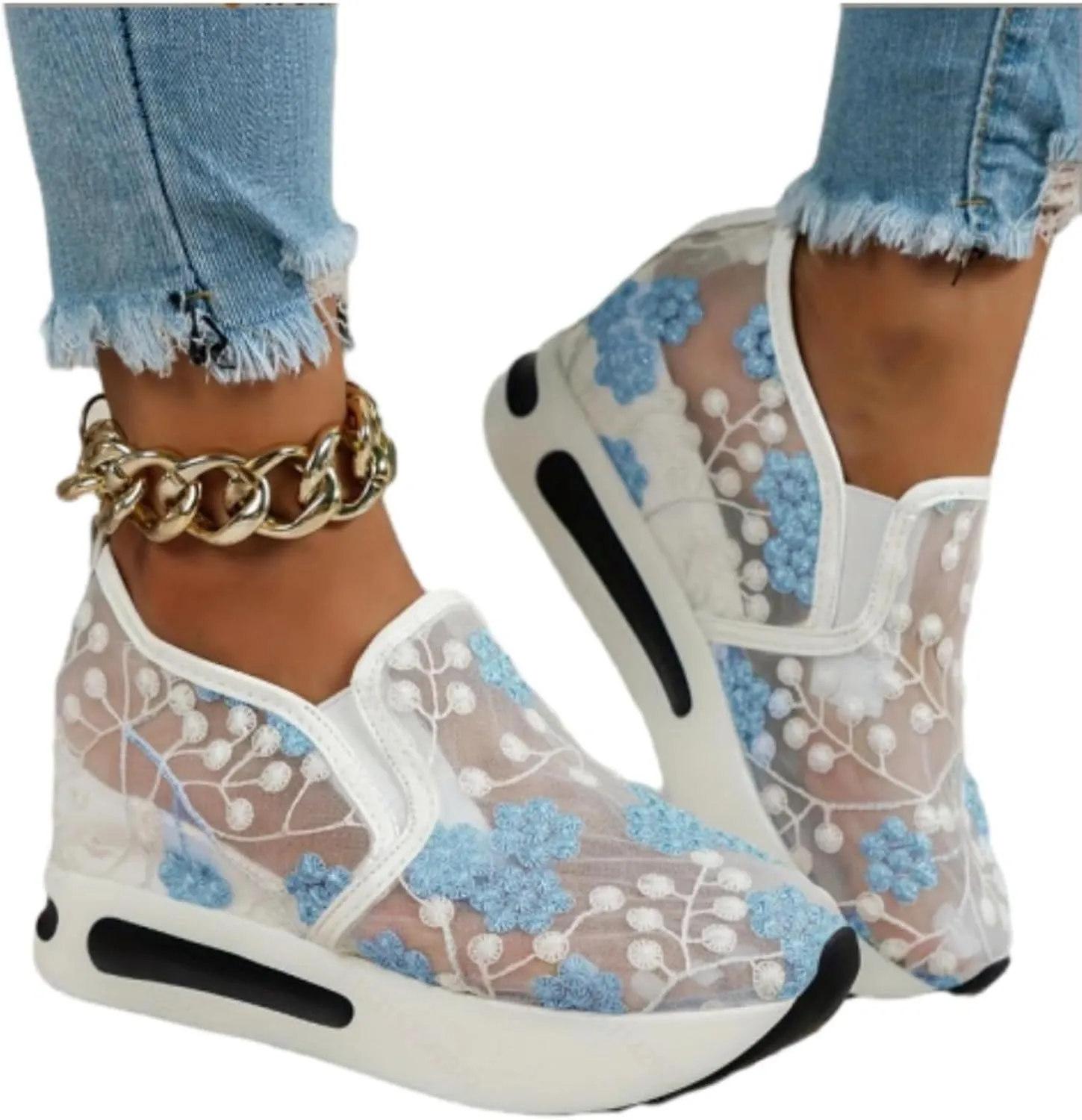 SACFOF Women's Platform Wedge Sneakers Floral Embroidery Breathable Mesh Summer Platform Shoes Hidden Walking Loafers