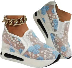 SACFOF Women's Platform Wedge Sneakers Floral Embroidery Breathable Mesh Summer Platform Shoes Hidden Walking Loafers