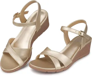 SHIBEVER Womens Sandals Wedge Low: Buckle Ankle Strap Wedge Sandal - Dressy Sandals Women - Comfortable Summer