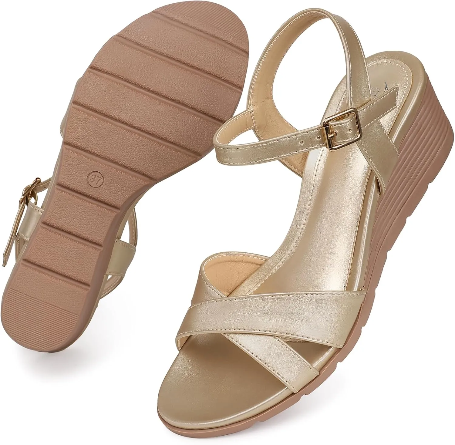 SHIBEVER Womens Sandals Wedge Low: Buckle Ankle Strap Wedge Sandal - Dressy Sandals Women - Comfortable Summer