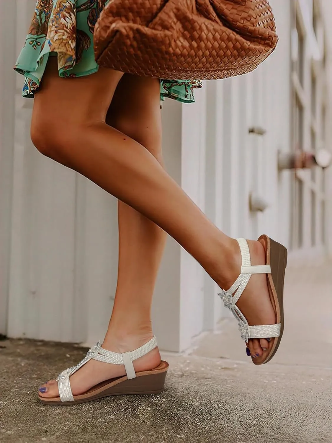 SHIBEVER Womens Wedge Sandals Flower Low Heel Dressy Sandals Elastic Ankle Strap Rhinestone Summer Comfortable Shoe