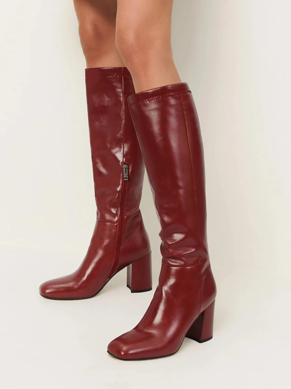 SOVANYOU Women's Faux Leather Tall Boots Fashion Square Toe Chunky Heel Knee High Boots with Side Zip