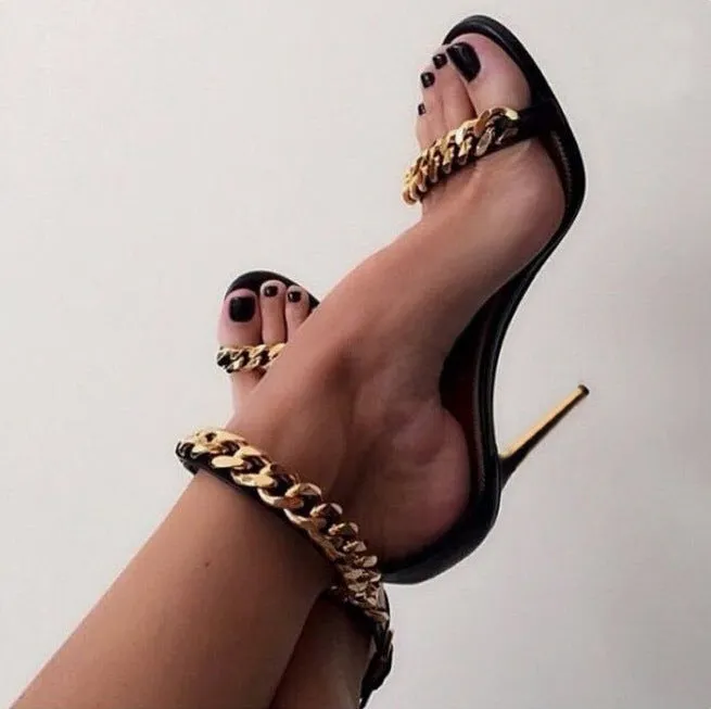 Stiletto Heel Peep-toe Metal Chain Decorate Ankle Strap High Heel Sandals