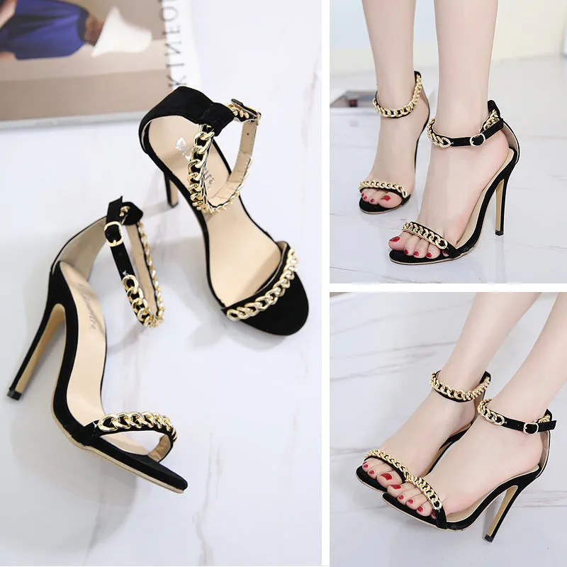 Stiletto Heel Peep-toe Metal Chain Decorate Ankle Strap High Heel Sandals