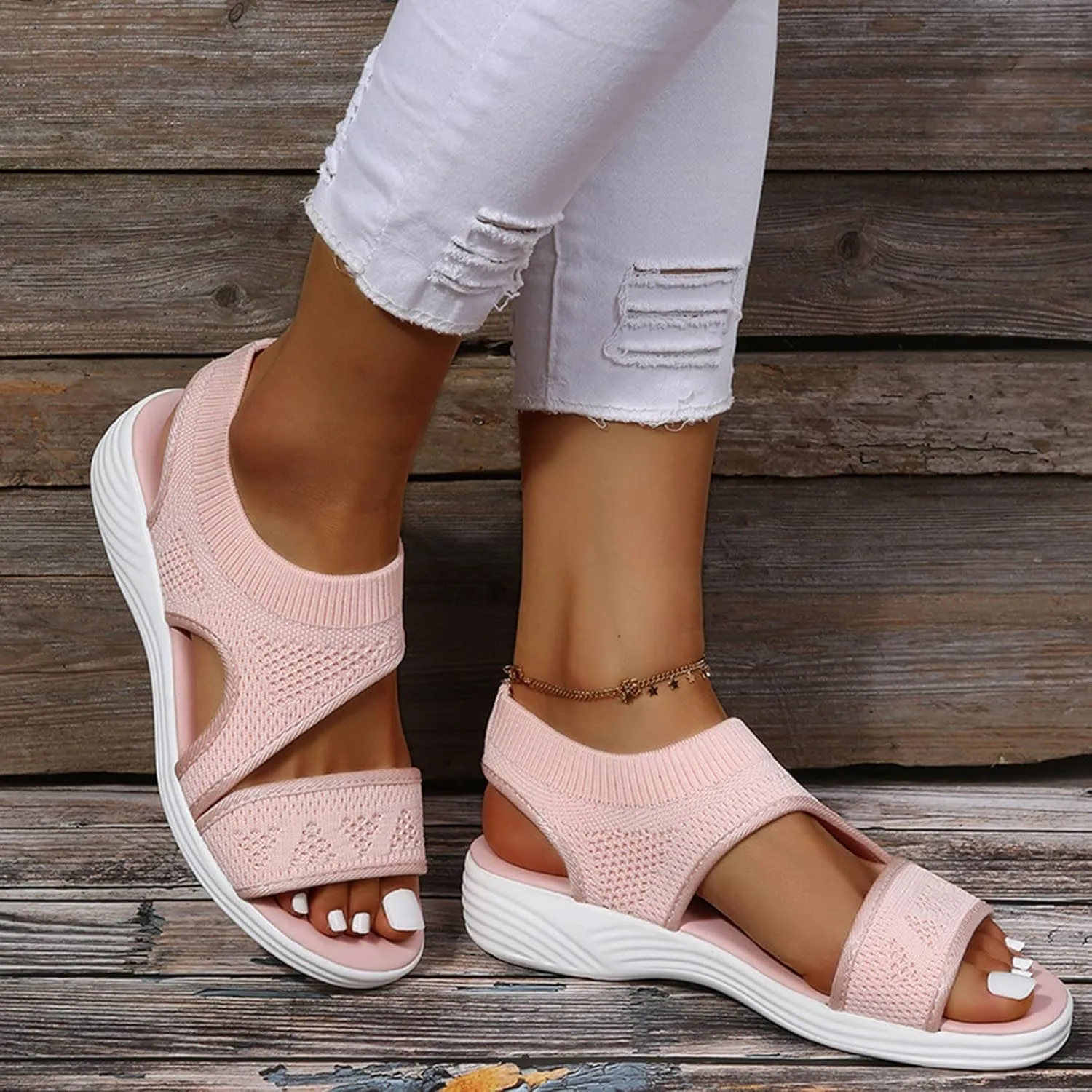 SuanlaTDS Wedge Sandals for Women Comfortable Platform Wedges Open Toe Slip On Breathable Mesh Walking Shoes Flat Slingback Thick Soled Low Heels Outdoor Summer Beach Sandals