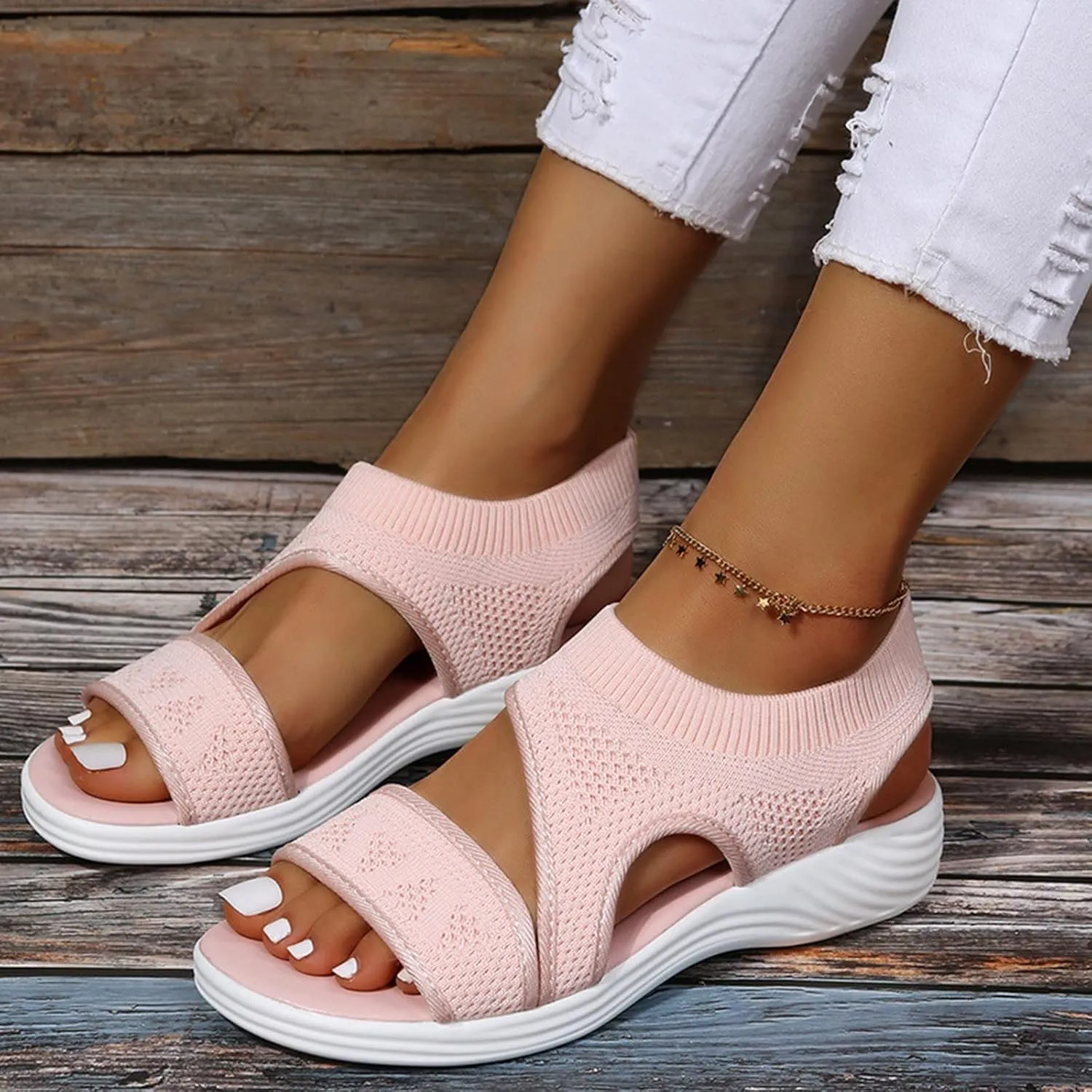 SuanlaTDS Wedge Sandals for Women Comfortable Platform Wedges Open Toe Slip On Breathable Mesh Walking Shoes Flat Slingback Thick Soled Low Heels Outdoor Summer Beach Sandals