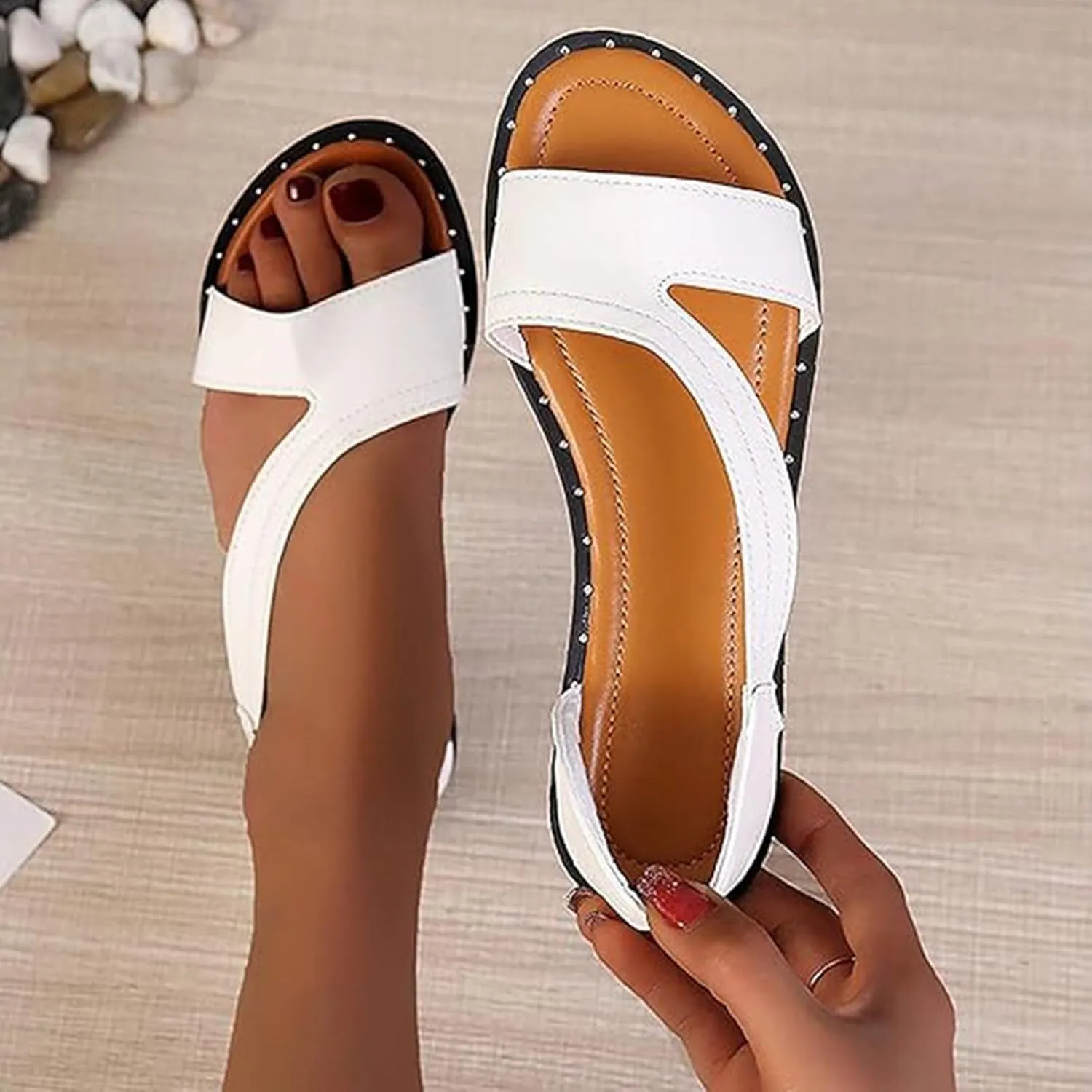 SuanlaTDS Women's Flat Sandals Dressy Low Heel Dress Beach Shoes 2025 Summer Bohemian Cutout Slip-on Open Toe Casual Comfortable Walking Slides Flip Flops Work Elegant Flats Sandal