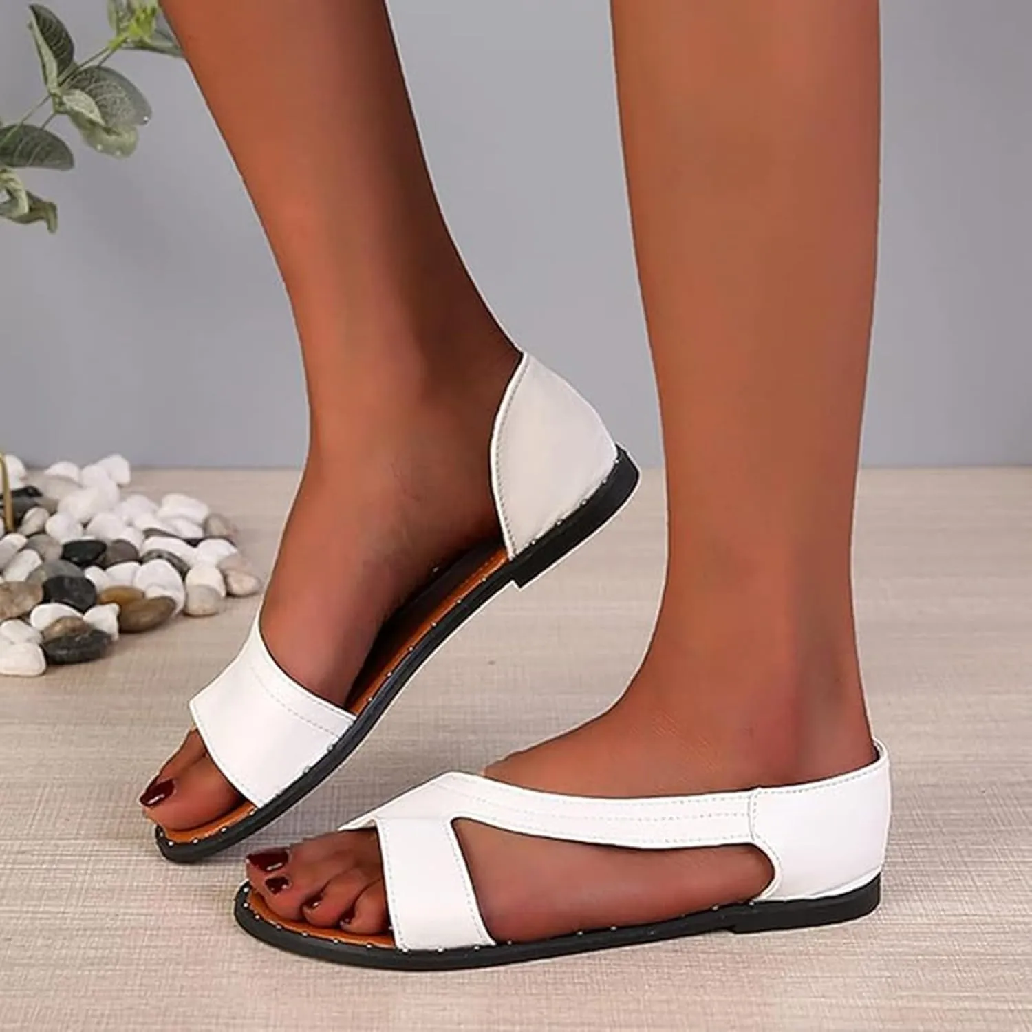 SuanlaTDS Women's Flat Sandals Dressy Low Heel Dress Beach Shoes 2025 Summer Bohemian Cutout Slip-on Open Toe Casual Comfortable Walking Slides Flip Flops Work Elegant Flats Sandal