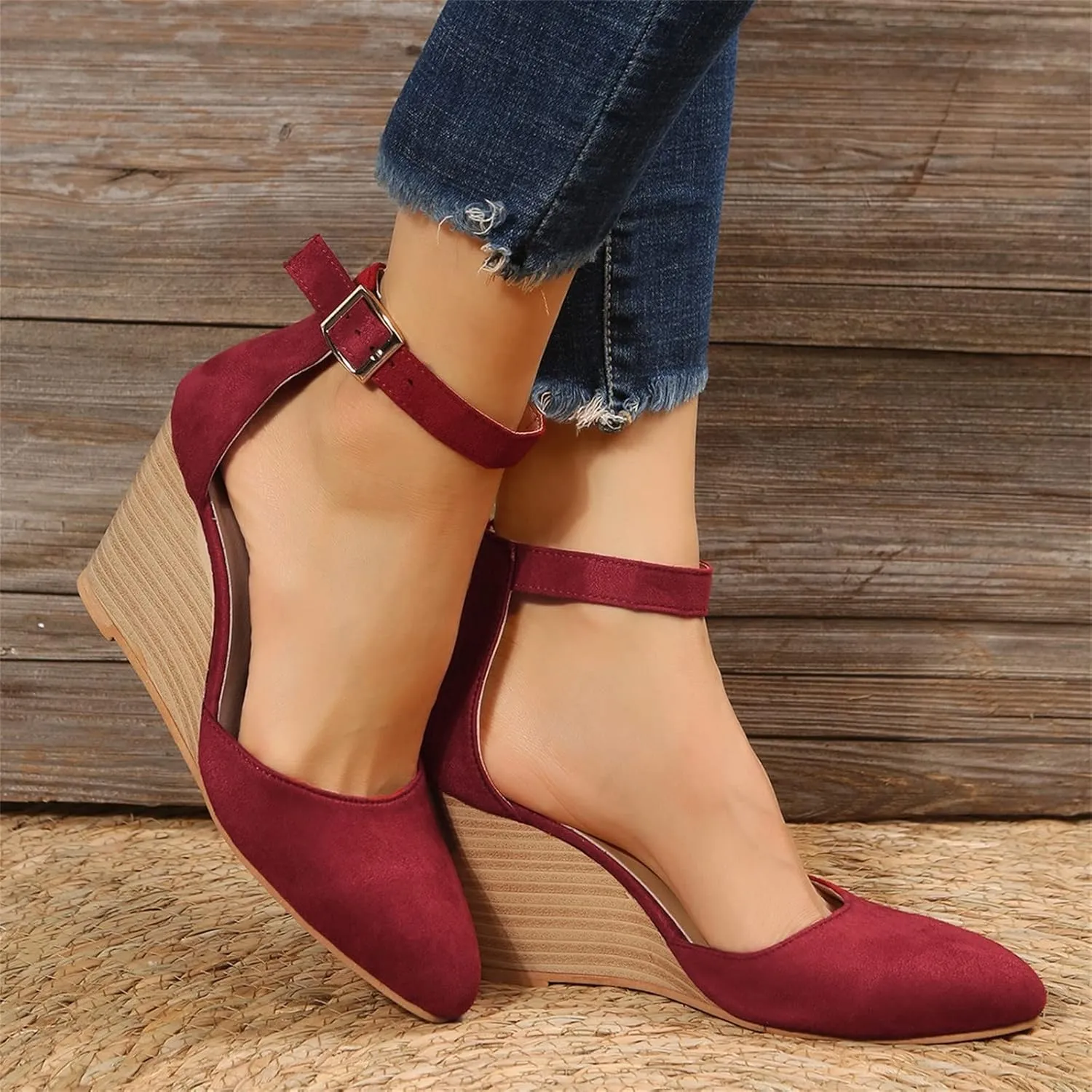 SuanlaTDS Womens Wedge Sandals Closed Toe Buckle Ankle Strap Dressy Summer 2025 Pointed-toe High Heels Comfortable Outdoor Beach Dress Shoes Wedges Heeled Sandal Pumps for Party Prom Wedding
