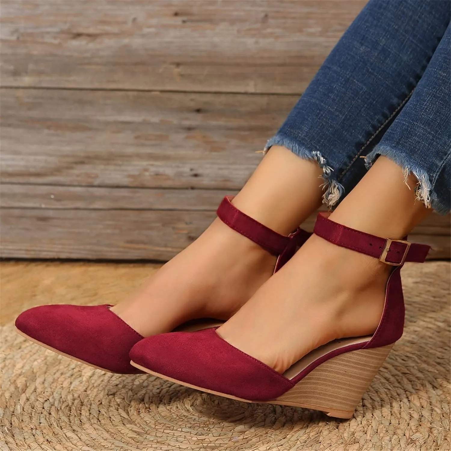SuanlaTDS Womens Wedge Sandals Closed Toe Buckle Ankle Strap Dressy Summer 2025 Pointed-toe High Heels Comfortable Outdoor Beach Dress Shoes Wedges Heeled Sandal Pumps for Party Prom Wedding