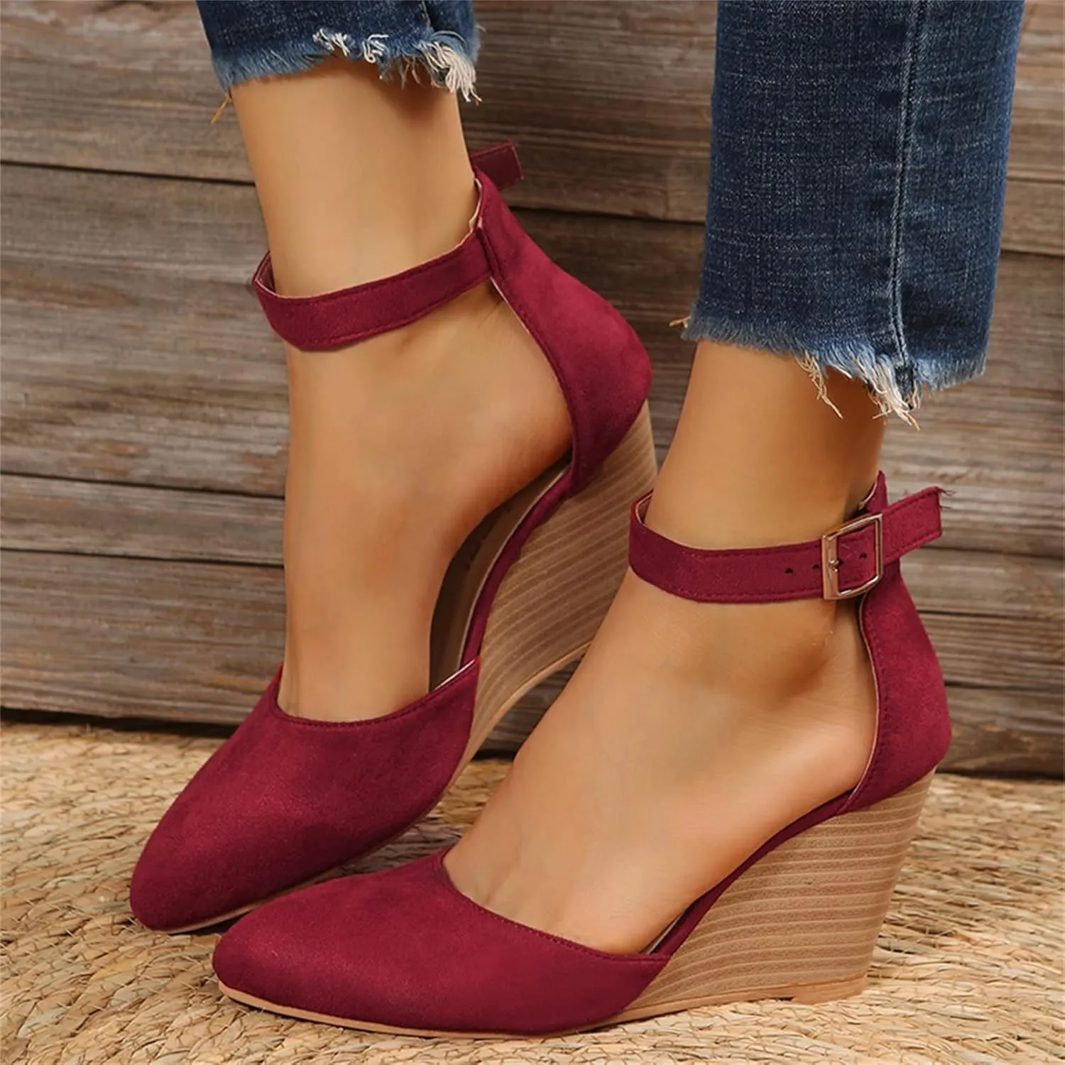 SuanlaTDS Womens Wedge Sandals Closed Toe Buckle Ankle Strap Dressy Summer 2025 Pointed-toe High Heels Comfortable Outdoor Beach Dress Shoes Wedges Heeled Sandal Pumps for Party Prom Wedding