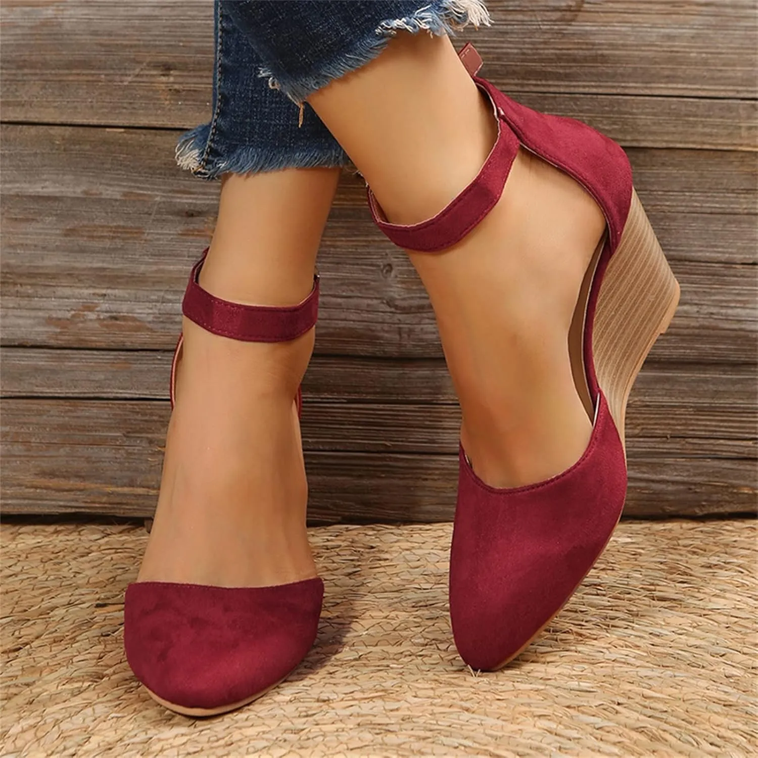 SuanlaTDS Womens Wedge Sandals Closed Toe Buckle Ankle Strap Dressy Summer 2025 Pointed-toe High Heels Comfortable Outdoor Beach Dress Shoes Wedges Heeled Sandal Pumps for Party Prom Wedding