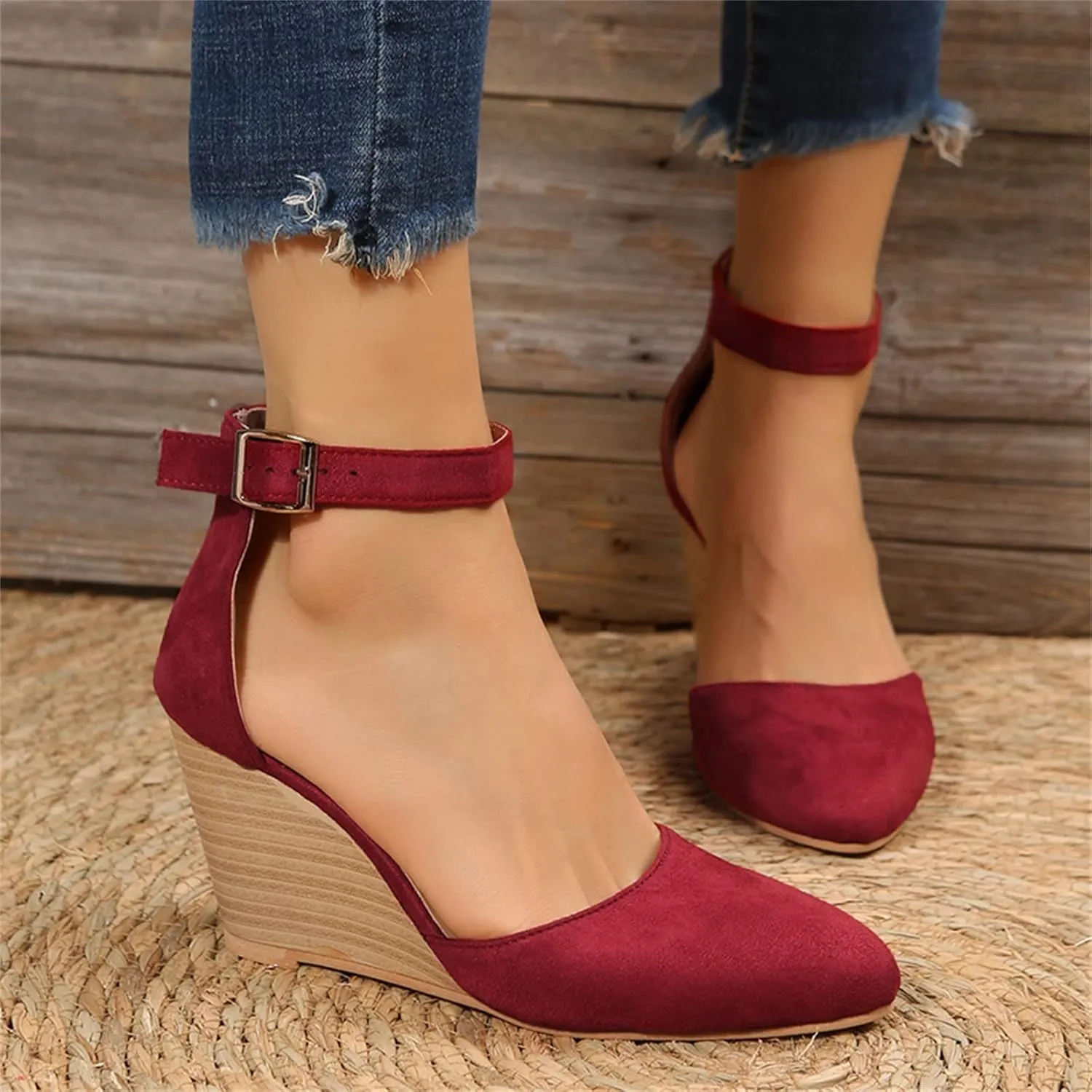 SuanlaTDS Womens Wedge Sandals Closed Toe Buckle Ankle Strap Dressy Summer 2025 Pointed-toe High Heels Comfortable Outdoor Beach Dress Shoes Wedges Heeled Sandal Pumps for Party Prom Wedding