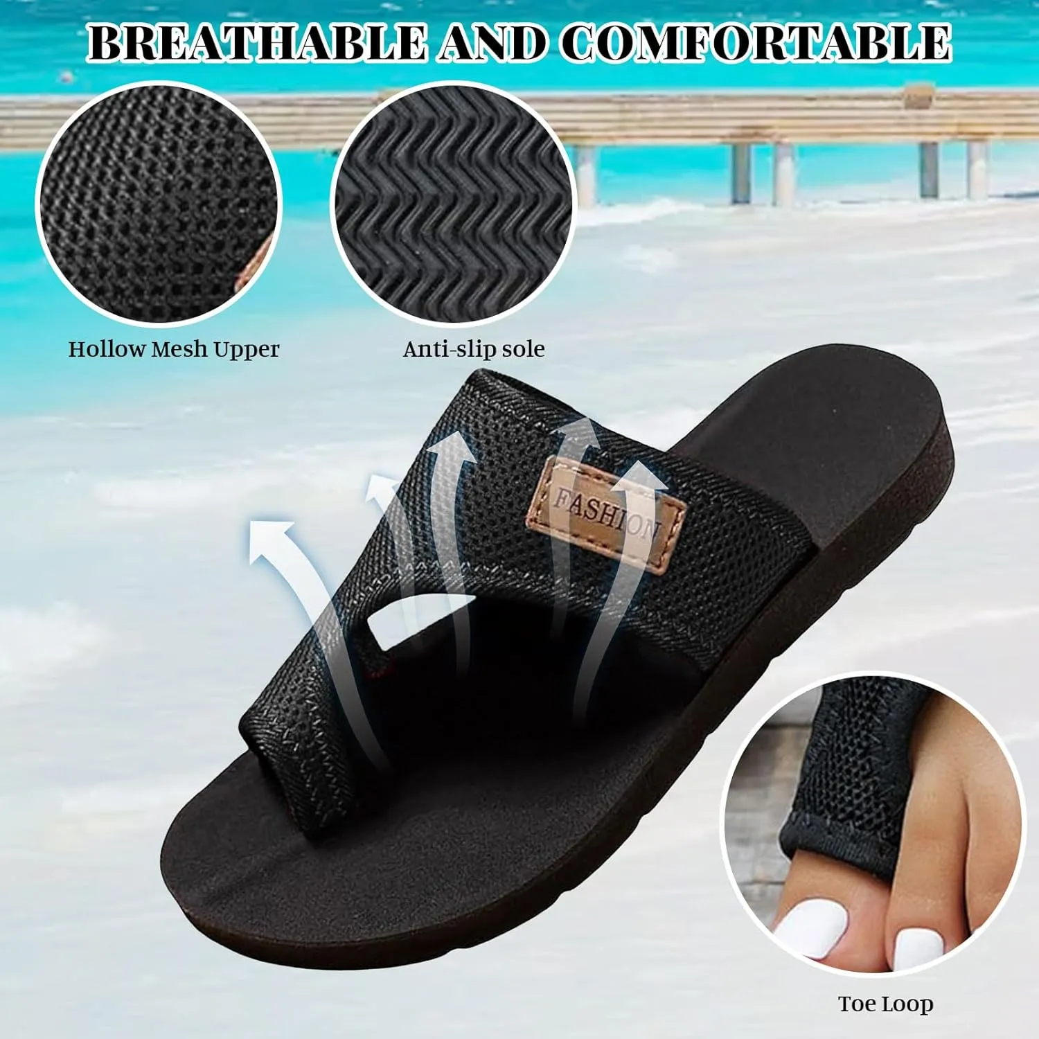 Summer Flat Sandals for Women 2025 Breathable Comfortable Beach Hollow Mesh Slide Sandals Orthopedic Shoes with Arch Support