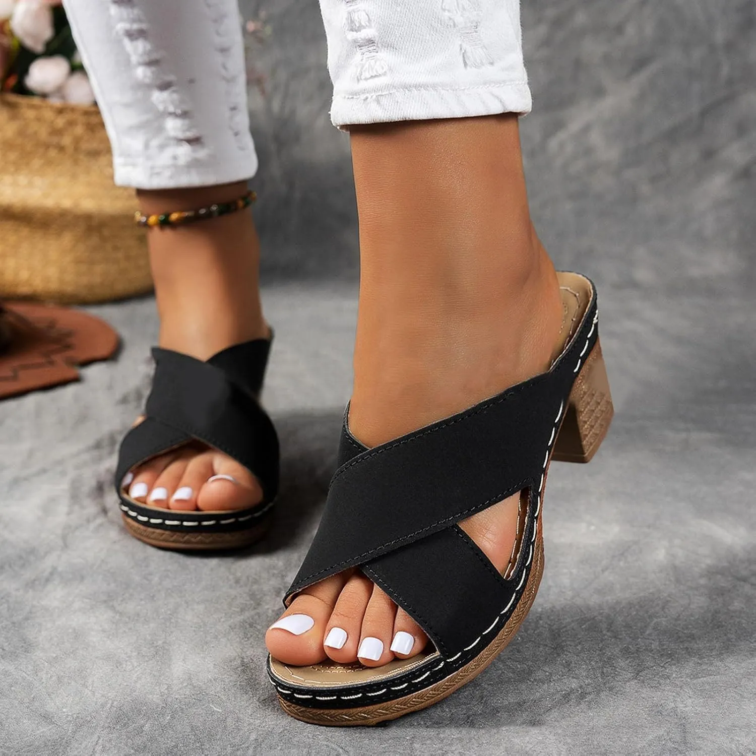 Summer Versatile Chunky Heel Sandals for Women Strappy Open Toe Ankle Buckle Pump Comfortable Going Out Shoes