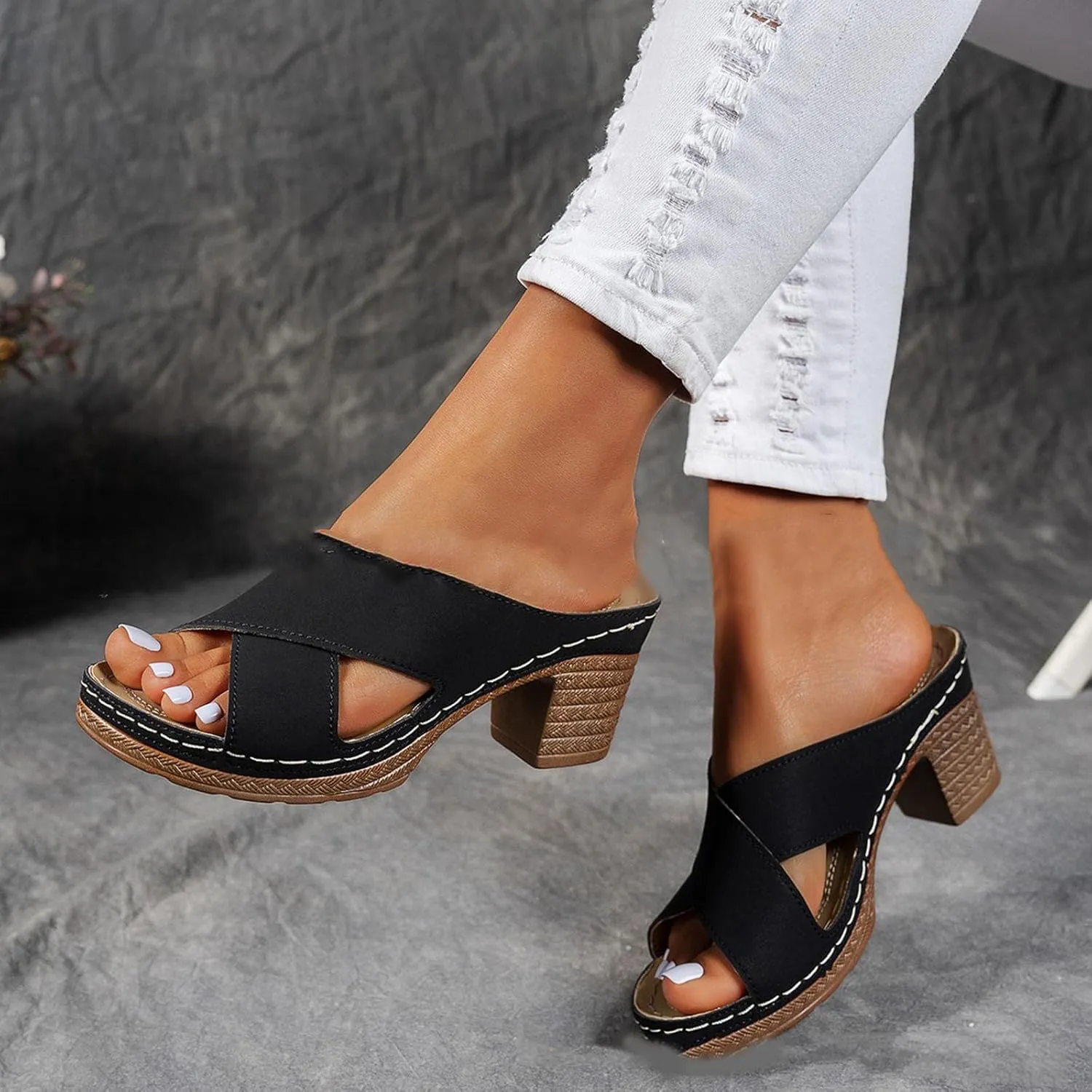 Summer Versatile Chunky Heel Sandals for Women Strappy Open Toe Ankle Buckle Pump Comfortable Going Out Shoes