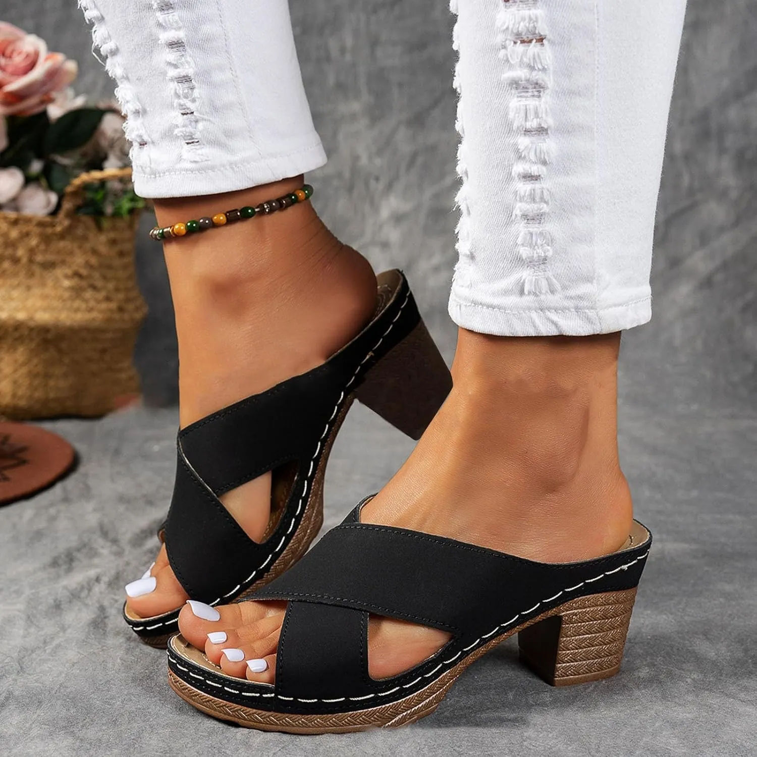 Summer Versatile Chunky Heel Sandals for Women Strappy Open Toe Ankle Buckle Pump Comfortable Going Out Shoes