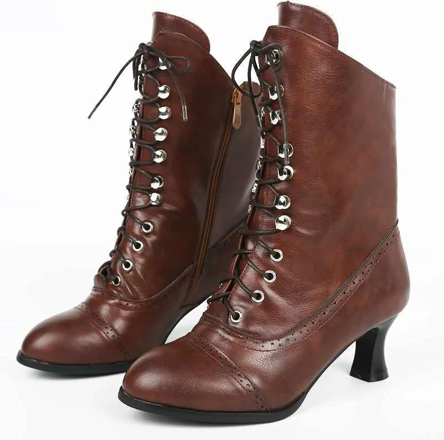 Victorian Boots for Women Vintage 70s Granny Boots Renaissance Ankle Boots Low Heel Lace Up Mid-Calf Booties with Zipper